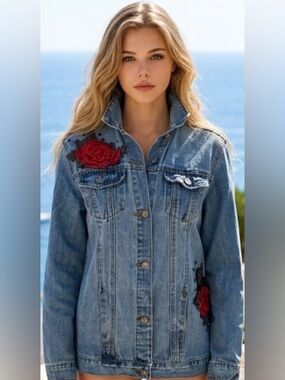 Boom Boom Jeans Blue Denim Jacket with Red Floral Accents